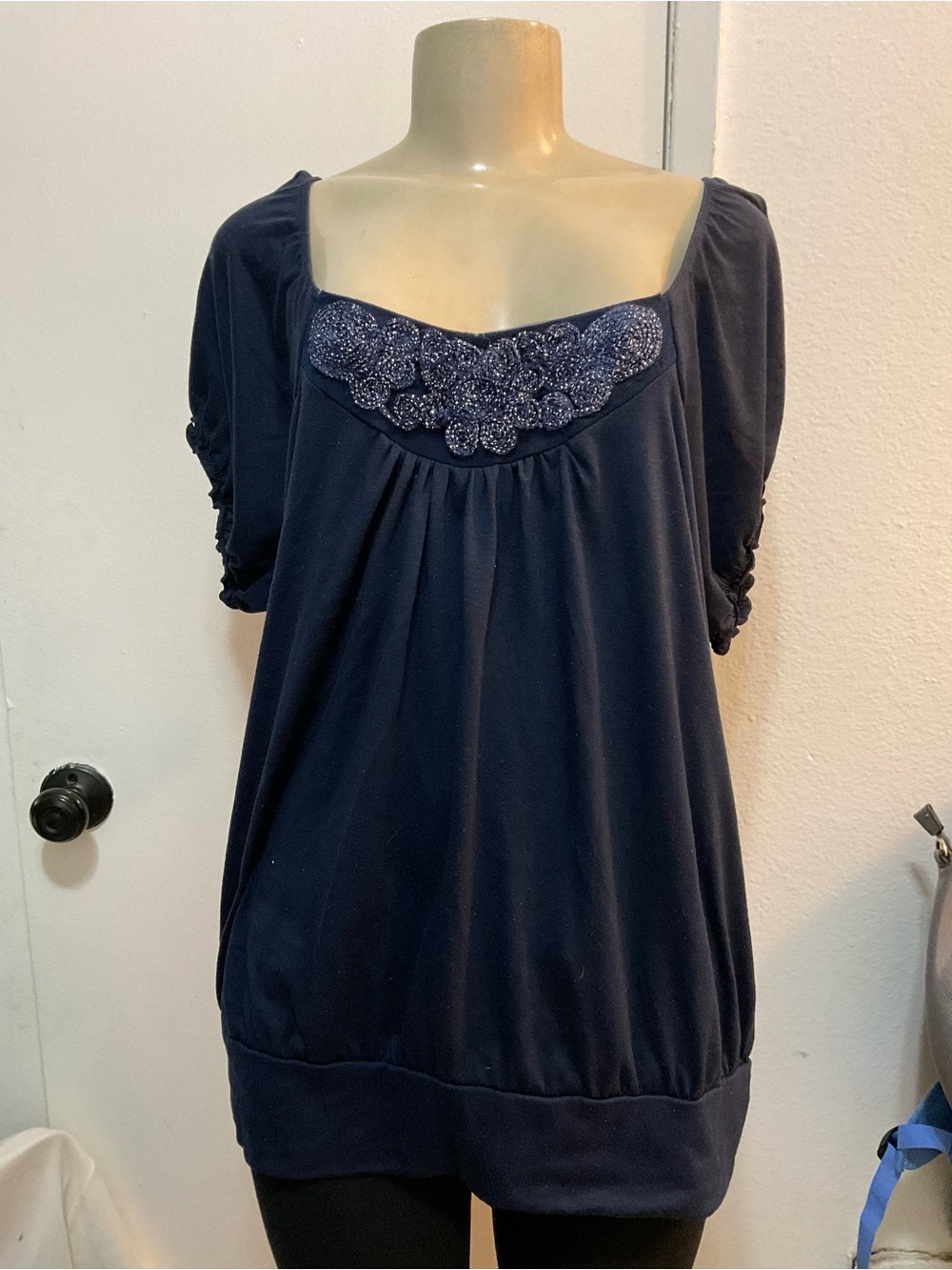 Women's Y2K Navy Short-Sleeve floral embroidered Square Neck Top